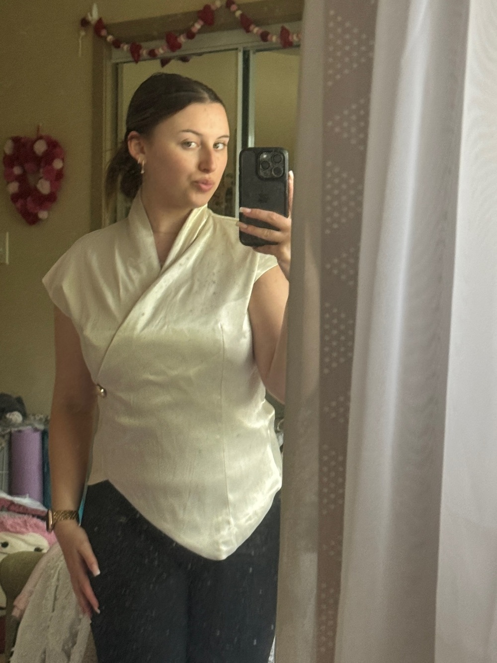 Ivory Satin Wrap-Front Cap Sleeve Blouse